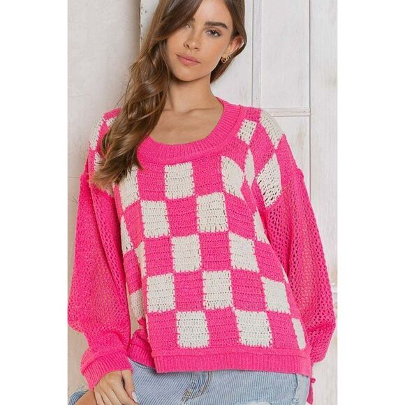 POL Tops - POL Catching Feelings Checkered Sweater in Pink/White FST250A